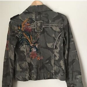 Picasso P J Long Sleeve Blazer Jacket Embroidered Bird Of Size Small Camo